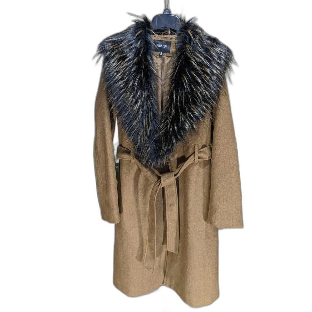 Wool Blend Penny lane Faux Fur Collar Belted Wrap Coat W/ S Brown LN/NWOT
